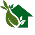 Green logo with a house and leaves on a white background
